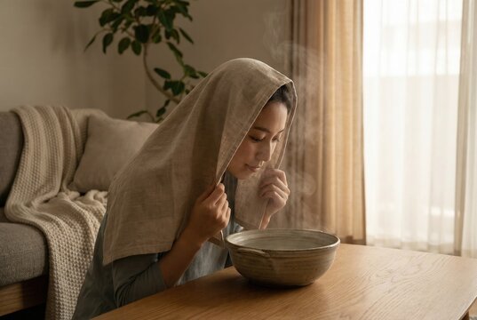 A woman does a facial steaming treatment at home, leaning over a bowl of hot water with a towel over her head.