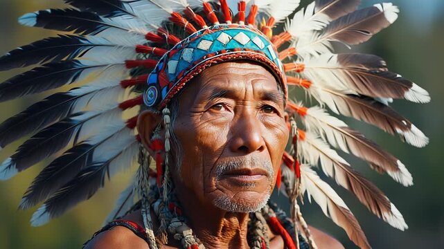 Native American Elder Portrait: Traditional Headdress, Tribal Wisdom, and Respectful Indigenous Culture.