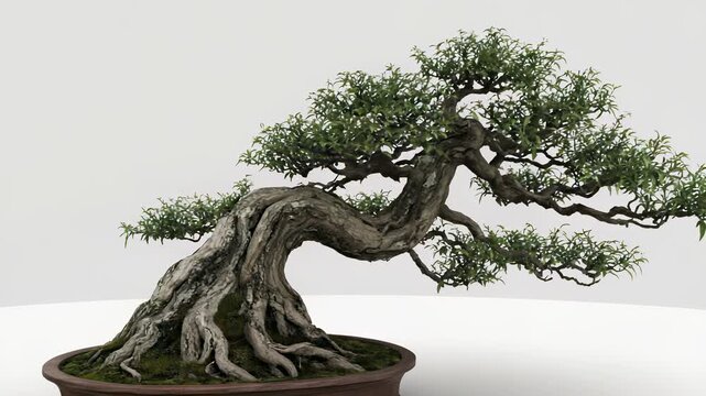 Ancient Juniper Bonsai Tree with Mossy Roots Displayed in a Ceramic Pot, Symbol of Patience and Japanese Garden Art.