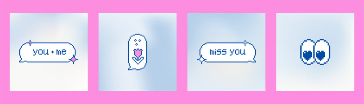 Set of 4 square romantic cloud backgrounds with subtle cloud flow, retro 8 bit heart-shaped eyes, speech bubble elements. Light airy backdrops for social media templates, love messages, Valentine card