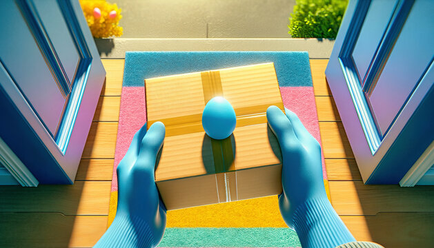Courier hands in blue gloves delivering a package with an Easter egg. POV of delivery service at front door