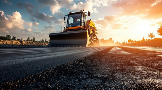 Heavy construction vehicle bulldozer working on new road construction at sunset in rural outdoor environment