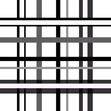 Abstract black white and grey plaid pattern design featuring intersecting horizontal and vertical lines creating a classic tartan textile background