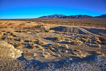 Tule Springs Fossil Beds Desert Landscape With Mountains And Golden Hour Light