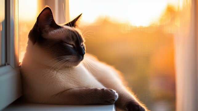 Peaceful cat relaxing on ill du sunset with warm golden light and cozy indoor setting