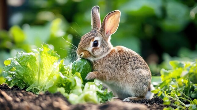 Adorable brown rabbit nibbling on fresh green lettuce in garden with vibrant leafy background du daytime