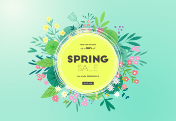 Floral spring design with flowers, green leaves and plants. Round shape with space for text. Banner or flyer sale template, vector illustration.