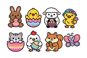 Fototapeta premium A colorful illustration of Easter characters and animals holding eggs and candy.