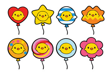 A colorful illustration of cartoon balloons in various shapes and designs with smiling faces