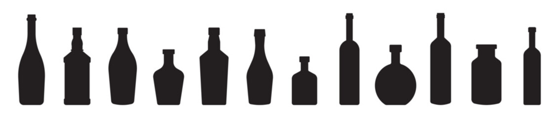Black bottle icon set. Wine, champagne and liquor bottle silhouettes. Alcohol and beverage symbols for bar and packaging design. Solid minimal vector icons – stock vector © Carpe Diem