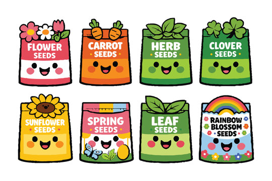 A colorful illustration of cartoon seed packets for various plants and flowers.