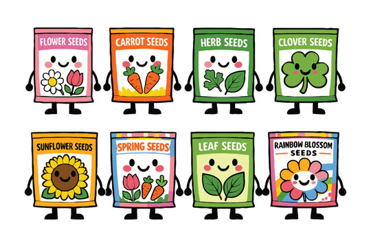 A colorful illustration of cartoon seed packets with smiling faces and various plant types.