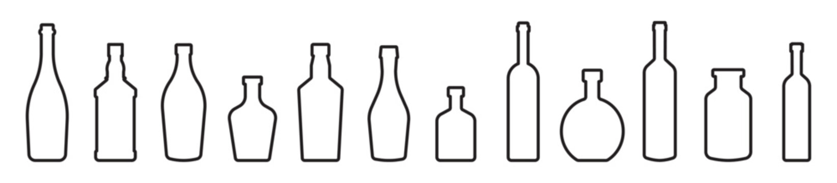 Bottle outline icon set. Wine, liquor and beverage bottle shapes collection. Bar and packaging line symbols. Clean minimal stroke vector icons &ndash; stock vector
