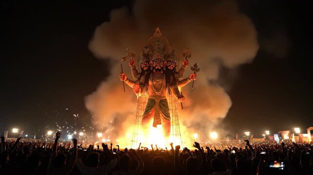 Giant Ravana effigy burning with fireworks during the Dussehra festival. A massive crowd celebrates Ravan Dahan, the victory of good over evil. Hindu cultural celebration in India