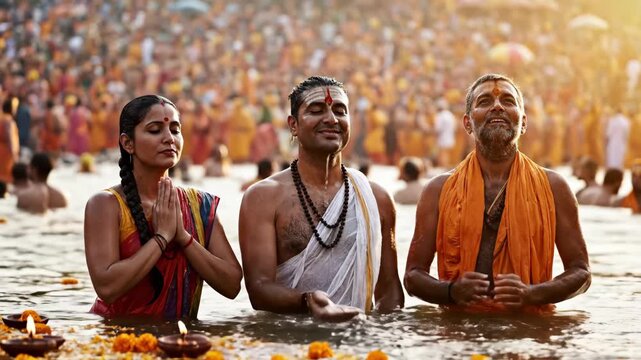 Hindu devotees performing a sacred ritual in a river at sunset. Indian people offering water and praying during a religious festival. Spiritual tradition and cultural event