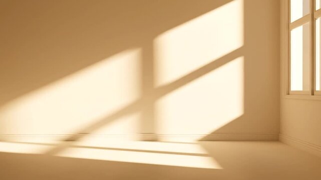 Interior corner with sunlight streaming through a window, casting shadows on the wall and floor