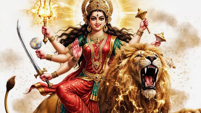 Animated illustration of Hindu goddess Durga riding a majestic lion. Divine power and spiritual symbolism with glowing effects