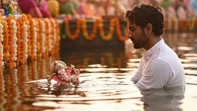 Indian man performing Ganesh Visarjan ritual. Devout Hindu immersing Ganesha idol in water during Ganesh Chaturthi festival. Spirituality and tradition concept