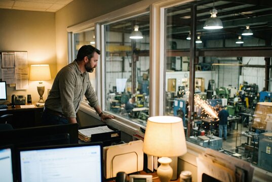 A manager stands in his office, looking through a window at the bustling activity on the factory floor below.