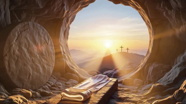 Empty tomb of Jesus with stone rolled away. Resurrection and Easter concept at sunrise. Three crosses on a distant hill. Christian religious symbolism
