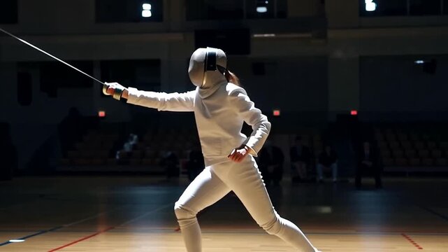Female fencer in white uniform and protective gear practices with a sword on an indoor court with spectators in the background, possibly competing