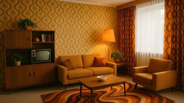 Vintage living room with retro furniture and patterned wallpaper
