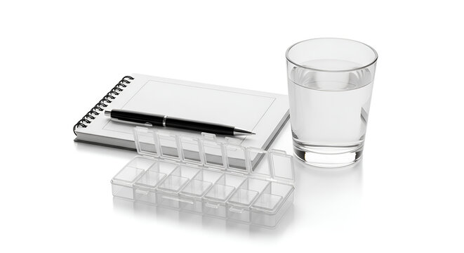 Health and Wellness Routine A glass of water, pill organizer, and notepad with pen on a white background, symbolizing daily health management and self-care practices