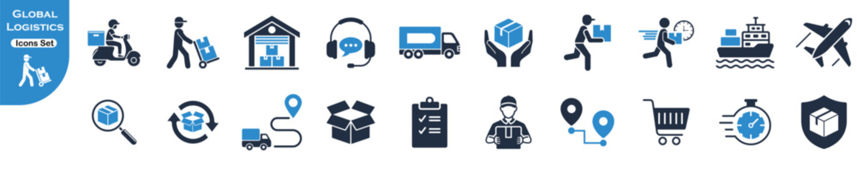 Global logistics and delivery service icon set for shipping warehouse transport distribution cargo freight courier mail tracking