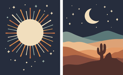 Boho Sun and Moon Desert Landscape Poster Set, Minimal Celestial Vector Wall Prints