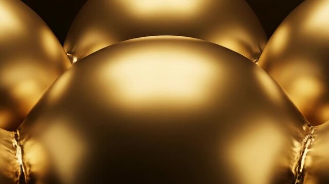 Abstract golden spheres inflating and expanding. Metallic soft body physics simulation with reflections and dynamic expansion