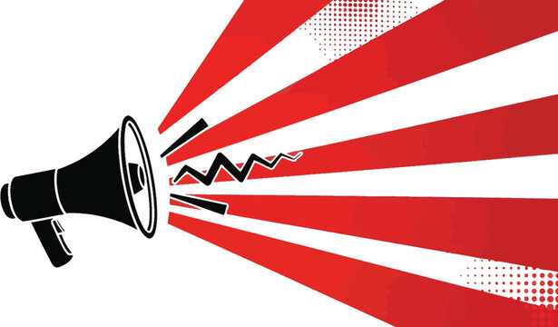 Black megaphone announcing urgent news with sunburst effect