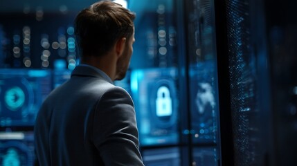 Fototapeta premium Cybersecurity professional monitoring a high-tech server room interface