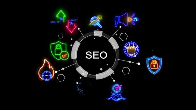Glowing neon line banner of SEO concept with icons of web, analysis, content, back link, keyword, traffic, ranking and optimization isolated on black background.
