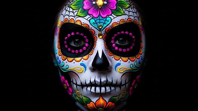 Vibrant Colorful Dia de los Muertos Sugar Skull Calavera with Floral Patterns on Dark Background