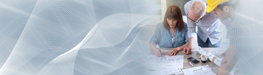 Architects working on plans, light effect; panoramic banner