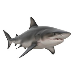 Fototapeta premium A formidable great white shark swims menacingly with its powerful jaws slightly agape, revealing rows of sharp teeth, displaying its grey and white body against a dramatic black background