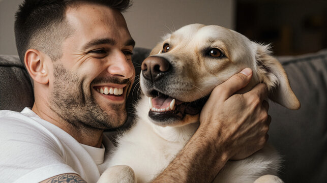 Close-up photograph of a man cuddling his dog on the couch, man's best friend being cuddled, caressed, cherished and spoiled, at home, a beautiful happy dog and his owner share a moment of affection
