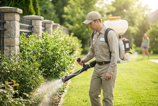 A pest control worker in a uniform uses a motorized backpack sprayer to treat bushes and grass in a residential yard.