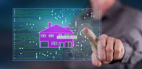 Man touching a digital smart home automation concept