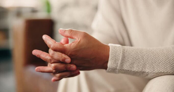 Thinking, anxiety and hands of person on sofa with worry for decision, stimming and overthinking in therapy. Counseling, clinic and patient with anxious, nervous and stress in mental health session
