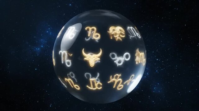 Golden astrological zodiac signs enclosed in a transparent sphere against a mystical starry night sky.