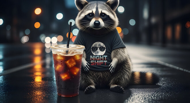 Lonely Raccoon Sitting at Night