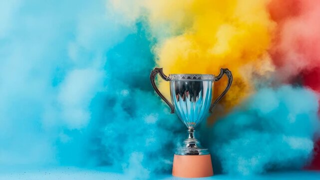 Triumphant award amidst vibrant explosion of celebratory color powder, signifying victory and achievement.