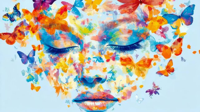 Abstract expressionist artwork showing peaceful womans profile emerging from kaleidoscope swarm of vibrant butterflies and bright paint splatters.