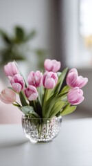 Obraz premium Pink tulips in glass bowl on white table, soft daylight, fresh spring floral home decor scene