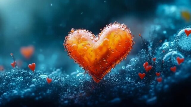 Mysterious glowing vibrant red-orange heart shape covered with condensation, sitting amidst miniature blue water droplets in surreal aquatic environment.