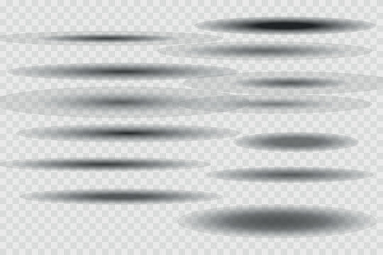 Different realistic round shadow, soft shapes on transparent background. Gray circular and ellipse shadows set. Vector illustration.