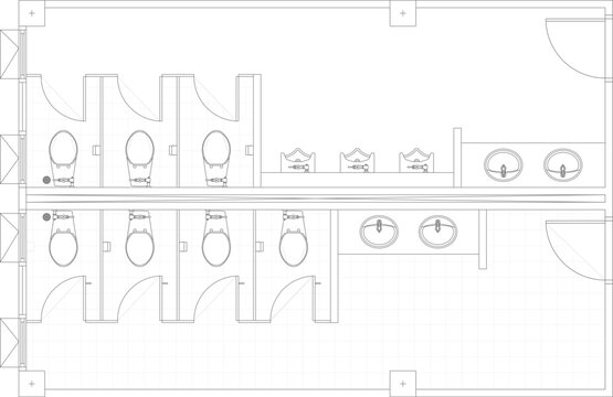 Technical top-down vector plan of a long public restroom featuring multiple stalls, sinks, and doors in black line art.