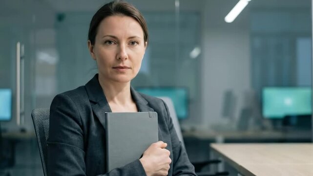 40 year old women. A woman in a professional suit sits in a modern office, holding a gray folder close to her chest, with computer workstations visible in the background