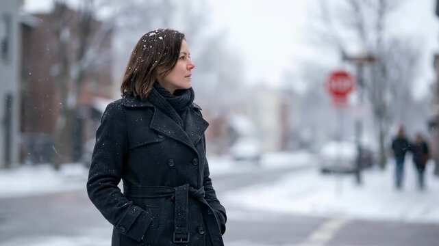 40 year old women. A woman stands on a snowy street, wrapped in a dark coat, exhaling visible breath in the cold air, surrounded by a tranquil winter scene and softly falling snow